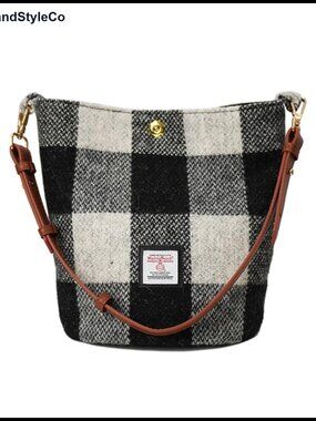 Harris Tweed Bucket Bag Shoulder Handbag Microfiber-leather Strap